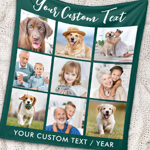 Modern Personalized 9 Photo Collage Emerald Green Fleece Blanket