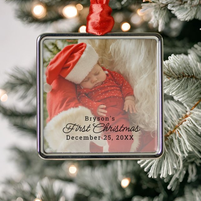 Modern Personalized Baby's First Christmas Photo Metal Ornament (Creator Uploaded)