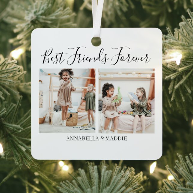 Modern Personalized Best Friends Forever | 2 Photo Metal Ornament (Insitu)