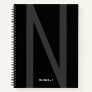 Modern Personalized Big Initial Name Grey Black Notebook