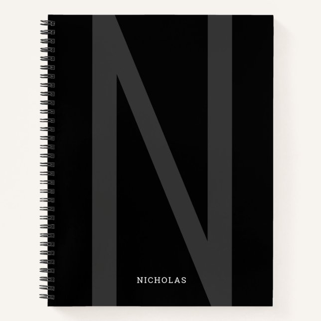 Modern Personalized Big Initial Name Grey Black Notebook (Front)