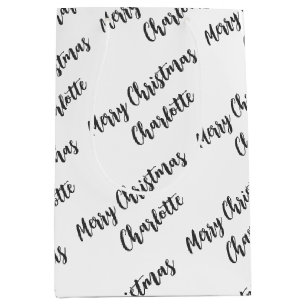 Modern Personalized Black and White Christmas Wrap Medium Gift Bag