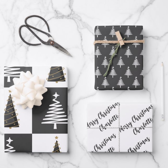 Modern Personalized Black and White Christmas Wrapping Paper Sheet (Front)