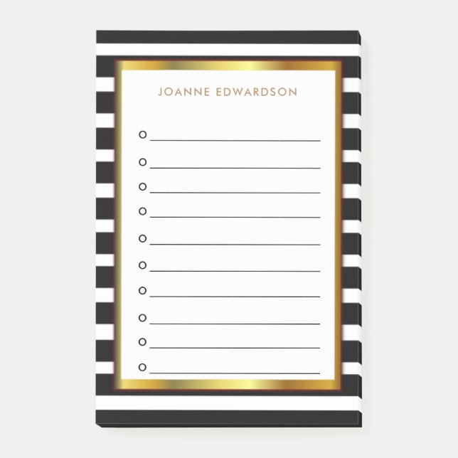 Modern personalized black white stripes gold post-it notes (Front)