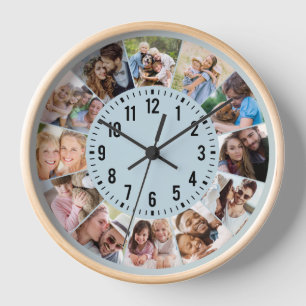 Modern Personalized Blue 12 Photo Collage Clock