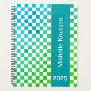 Modern Personalized Blue and Green Chequered 2025  Planner