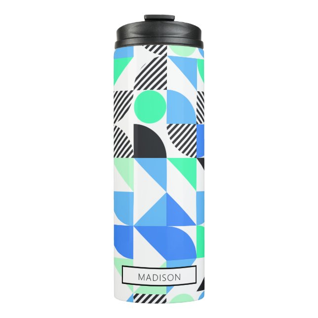 Modern Personalized Blue Mint Green Geometric Thermal Tumbler (Front)