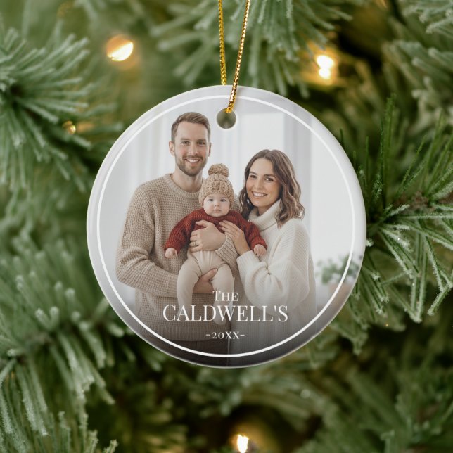 Modern Personalized Boarder Overlay Family Photo  Ceramic Ornament (Tree)