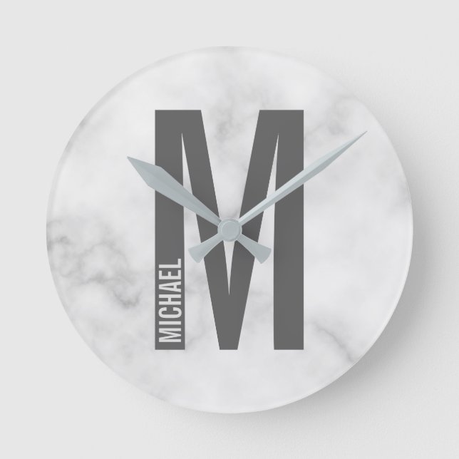 Modern Personalized Bold Monogram and Name Round Clock (Front)