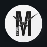 Modern Personalized Bold Monogram and Name Round Clock<br><div class="desc">Modern Monogram Design featuring personalized monogram letter "M" and name in modern bold sans serif font style.</div>
