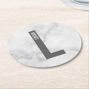 Modern Personalized Bold Monogram and Name Round Paper Coaster