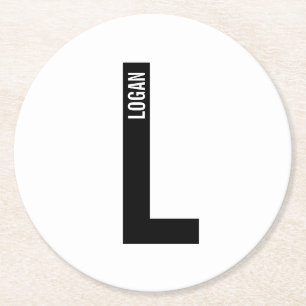 Modern Personalized Bold Monogram and Name Round Paper Coaster