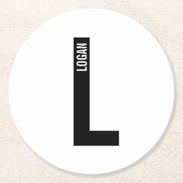 Modern Personalized Bold Monogram and Name Round Paper Coaster (Front)