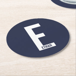 Modern Personalized Bold Monogram and Name Round Paper Coaster