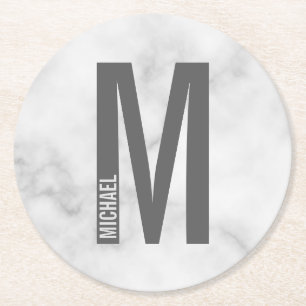 Modern Personalized Bold Monogram and Name Round Paper Coaster