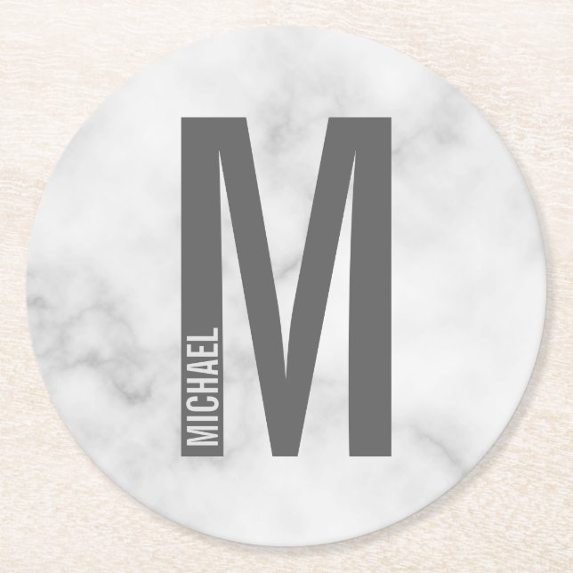 Modern Personalized Bold Monogram and Name Round Paper Coaster (Front)
