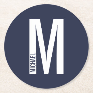 Modern Personalized Bold Monogram and Name Round Paper Coaster