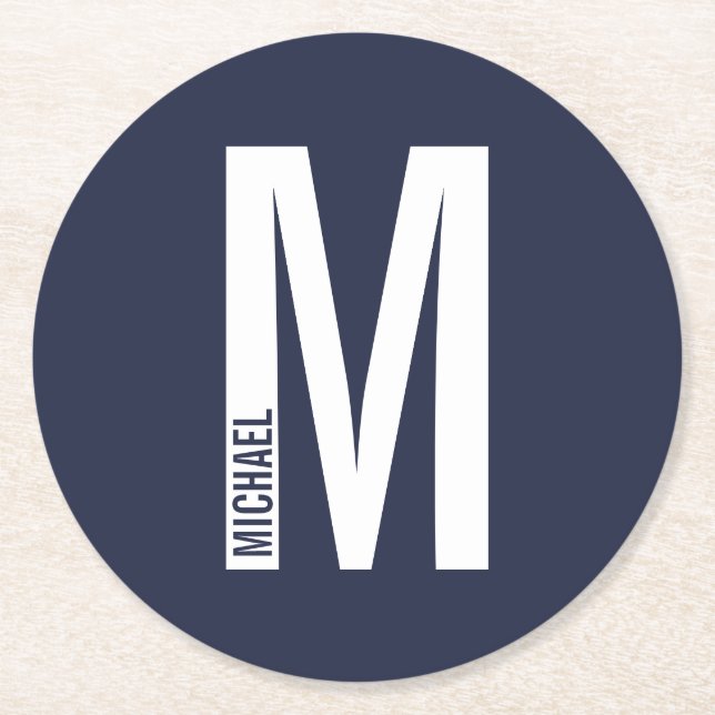 Modern Personalized Bold Monogram and Name Round Paper Coaster (Front)