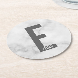 Modern Personalized Bold Monogram and Name Round Paper Coaster