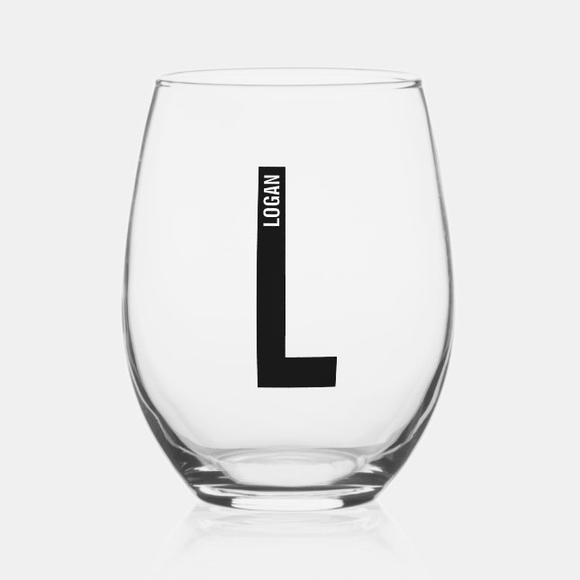 Modern Personalized Bold Monogram and Name Stemless Wine Glass (Front)