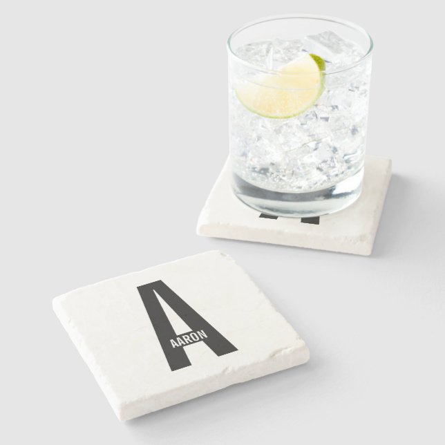 Modern Personalized Bold Monogram and Name Stone Coaster (Side)