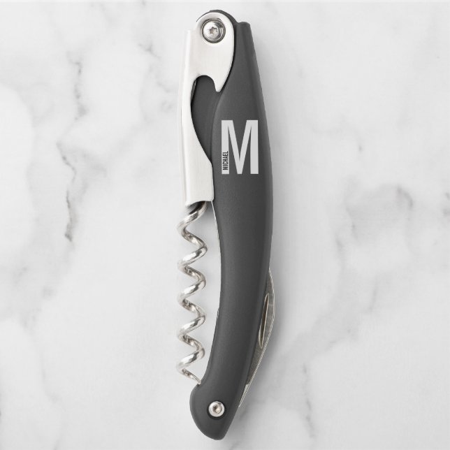 Modern Personalized Bold Monogram and Name Waiter' Corkscrew (Front)