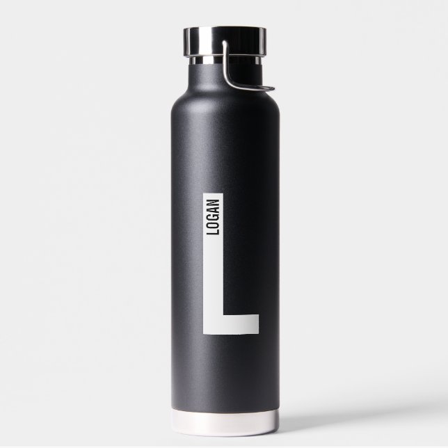 Modern Personalized Bold Monogram and Name Water Bottle (Left)