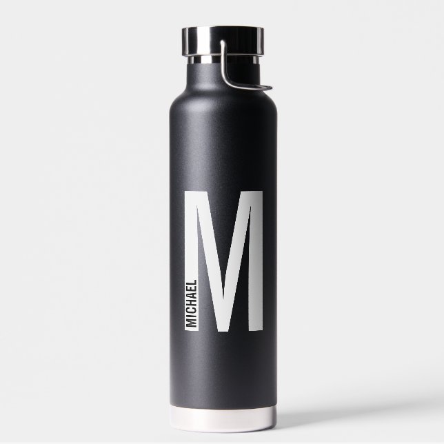 Modern Personalized Bold Monogram and Name Water Bottle (Left)