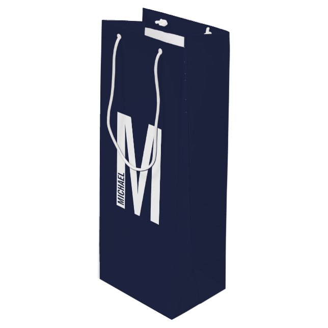 Modern Personalized Bold Monogram and Name Wine Gift Bag (Front Angled)