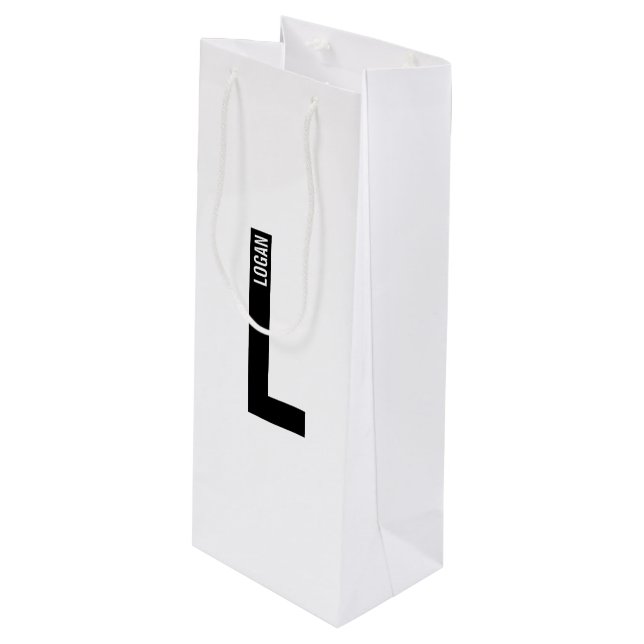 Modern Personalized Bold Monogram and Name Wine Gift Bag (Front Angled)