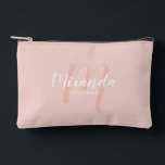 Modern Personalized Bridesmaid Monogram Name Accessory Pouch<br><div class="desc">Add a personal touch to your wedding with personalized bridesmaid gift. This design features personalized bridesmaid's name in white modern script font style and monogram in blush pink modern script font style as background with title in white modern sans serif font style on blush pink background. Also perfect for maid...</div>
