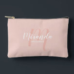 Modern Personalized Bridesmaid Monogram Name Accessory Pouch<br><div class="desc">Add a personal touch to your wedding with personalized bridesmaid gift. This design features personalized bridesmaid's name in white modern script font style and monogram in blush pink modern script font style as background with title in white modern sans serif font style on blush pink background. Also perfect for maid...</div>