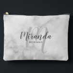 Modern Personalized Bridesmaid Monogram Name Accessory Pouch<br><div class="desc">Add a personal touch to your wedding with personalized bridesmaid gift. This design features personalized bridesmaid's name in grey modern script font style and monogram in light grey modern script font style as background with title in grey modern sans serif font style on white marble background. Also perfect for maid...</div>