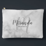 Modern Personalized Bridesmaid Monogram Name Accessory Pouch<br><div class="desc">Add a personal touch to your wedding with personalized bridesmaid gift. This design features personalized bridesmaid's name in grey modern script font style and monogram in light grey modern script font style as background with title in grey modern sans serif font style on white marble background. Also perfect for maid...</div>