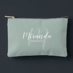 Modern Personalized Bridesmaid Monogram Name Accessory Pouch<br><div class="desc">Add a personal touch to your wedding with personalized bridesmaid gift. This design features personalized bridesmaid's name in white modern script font style and monogram in sage green modern script font style as background with title in white modern sans serif font style on sage green background. Also perfect for maid...</div>