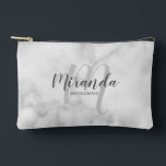 Modern Personalized Bridesmaid Monogram Name Accessory Pouch<br><div class="desc">Add a personal touch to your wedding with personalized bridesmaid gift. This design features personalized bridesmaid's name in grey modern script font style and monogram in light grey modern script font style as background with title in grey modern sans serif font style on white marble background. Also perfect for maid...</div>