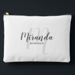 Modern Personalized Bridesmaid Monogram Name Accessory Pouch<br><div class="desc">Add a personal touch to your wedding with personalized bridesmaid gift. This design features personalized bridesmaid's name in grey modern script font style and monogram in light grey modern script font style as background with title in grey modern sans serif font style on white background. Also perfect for maid of...</div>