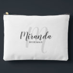 Modern Personalized Bridesmaid Monogram Name Accessory Pouch<br><div class="desc">Add a personal touch to your wedding with personalized bridesmaid gift. This design features personalized bridesmaid's name in grey modern script font style and monogram in light grey modern script font style as background with title in grey modern sans serif font style on white background. Also perfect for maid of...</div>