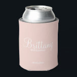 Modern Personalized Bridesmaids Can Cooler<br><div class="desc">Modern Personalized Bridesmaids Gifts
featuring personalized bridesmaid's name in white modern script font style with title and wedding date in modern sans serif font style on blush pink background.

Also perfect for Maid of Honour,  Flower Girl,  Mother of the Bride and more.</div>