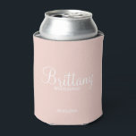 Modern Personalized Bridesmaids Can Cooler<br><div class="desc">Modern Personalized Bridesmaids Gifts
featuring personalized bridesmaid's name in white modern script font style with title and wedding date in modern sans serif font style on blush pink background.

Also perfect for Maid of Honour,  Flower Girl,  Mother of the Bride and more.</div>