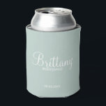 Modern Personalized Bridesmaids Can Cooler<br><div class="desc">Modern Personalized Bridesmaids Gifts
featuring personalized bridesmaid's name in white modern script font style with title and wedding date in modern sans serif font style on sage green background.

Also perfect for Maid of Honour,  Flower Girl,  Mother of the Bride and more.</div>