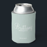 Modern Personalized Bridesmaids Can Cooler<br><div class="desc">Modern Personalized Bridesmaids Gifts
featuring personalized bridesmaid's name in white modern script font style with title and wedding date in modern sans serif font style on sage green background.

Also perfect for Maid of Honour,  Flower Girl,  Mother of the Bride and more.</div>