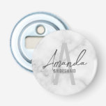 Modern Personalized Bridesmaid's Monogram and Name Bottle Opener<br><div class="desc">Modern Personalized Bridesmaid's Monogram and Name Gifts This design features personalized bridesmaid's name in grey modern handwriting script font style and monogram in light grey modern sans serif font style as background, with wedding details in grey modern sans serif font style, on white marble background. Also perfect for maid of...</div>