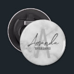 Modern Personalized Bridesmaid's Monogram and Name Bottle Opener<br><div class="desc">Modern Personalized Bridesmaid's Monogram and Name Gifts This design features personalized bridesmaid's name in grey modern handwriting script font style and monogram in light grey modern sans serif font style as background, with wedding details in grey modern sans serif font style, on white marble background. Also perfect for maid of...</div>