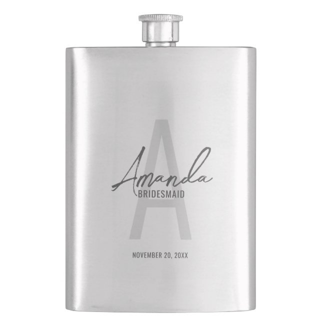 Modern Personalized Bridesmaid's Monogram and Name Hip Flask (Front)