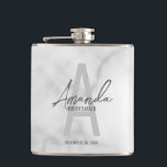 Modern Personalized Bridesmaid's Monogram and Name Hip Flask<br><div class="desc">Modern Personalized Bridesmaid's Monogram and Name Gifts This design features personalized bridesmaid's name in grey modern handwriting script font style and monogram in light grey modern sans serif font style as background, with wedding details in grey modern sans serif font style, on white marble background. Also perfect for maid of...</div>