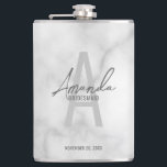 Modern Personalized Bridesmaid's Monogram and Name Hip Flask<br><div class="desc">Modern Personalized Bridesmaid's Monogram and Name Gifts This design features personalized bridesmaid's name in grey modern handwriting script font style and monogram in light grey modern sans serif font style as background, with wedding details in grey modern sans serif font style, on white marble background. Also perfect for maid of...</div>