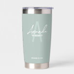 Modern Personalized Bridesmaid's Monogram and Name Insulated Tumbler<br><div class="desc">Modern Personalized Bridesmaid's Monogram and Name Gifts This design features personalized bridesmaid's name in white modern handwriting script font style and monogram in sage green modern sans serif font style as background, with wedding details in white modern sans serif font style on sage green background. Also perfect for maid of...</div>