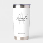 Modern Personalized Bridesmaid's Monogram and Name Insulated Tumbler<br><div class="desc">Modern Personalized Bridesmaid's Monogram and Name Gifts This design features personalized bridesmaid's name in grey modern handwriting script font style and monogram in light grey modern sans serif font style as background, with wedding details in grey modern sans serif font style on white background. Also perfect for maid of honour,...</div>