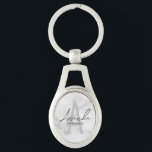 Modern Personalized Bridesmaid's Monogram and Name Keychain<br><div class="desc">Modern Personalized Bridesmaid's Monogram and Name Gifts This design features personalized bridesmaid's name in grey modern handwriting script font style and monogram in light grey modern sans serif font style as background, with wedding details in grey modern sans serif font style, on white marble background. Also perfect for maid of...</div>